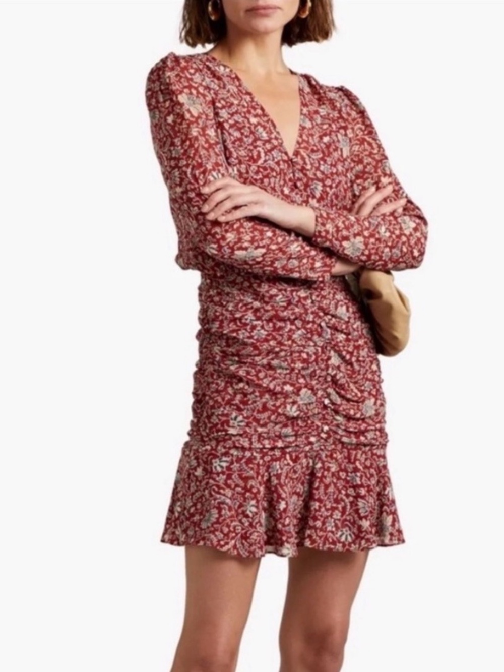 Veronica Beard Wine color Floral Ruched V-Neck Mini Dress 6